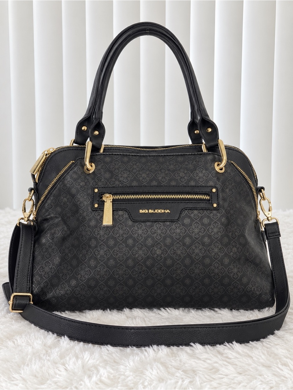 BIG BUDDHA Monogram Satchel Shoulder Crossbody Bag Rolled Handles Black Gold